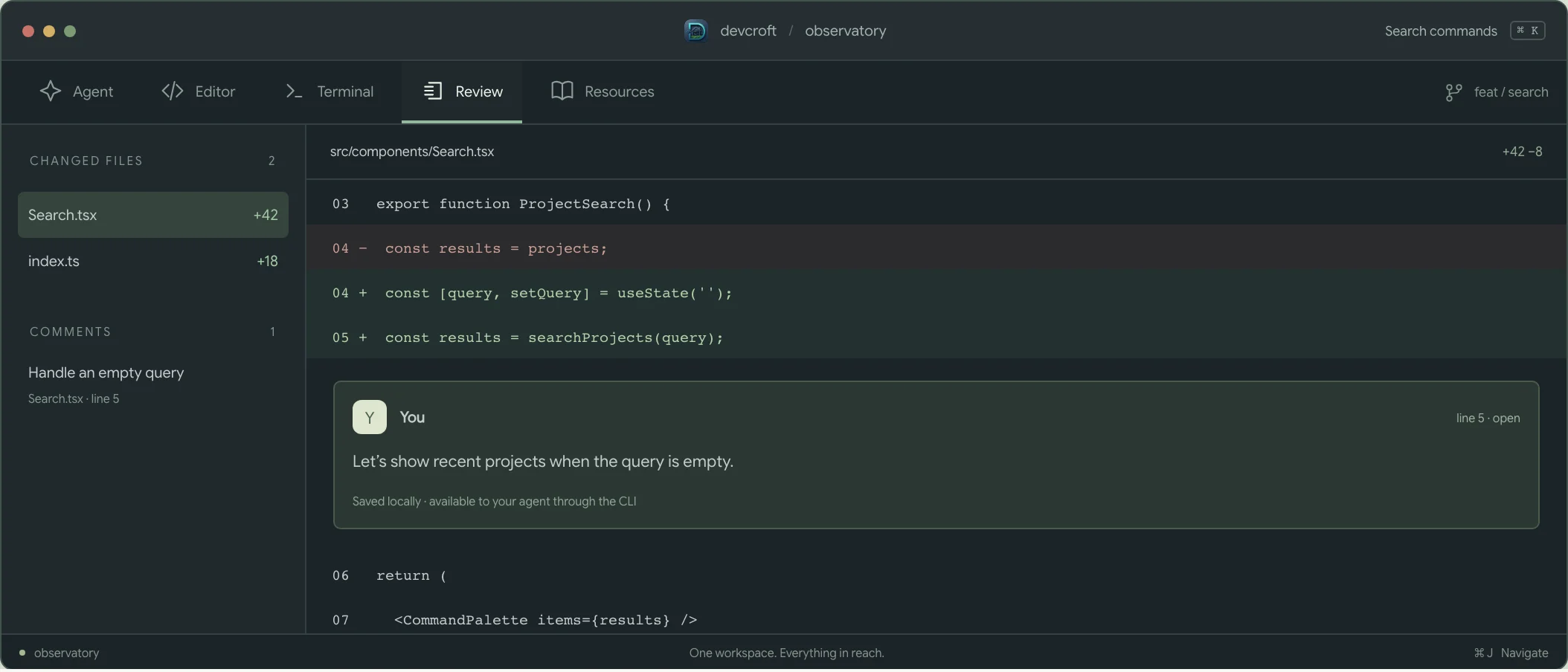 Placeholder illustration of a code diff with a saved line comment.